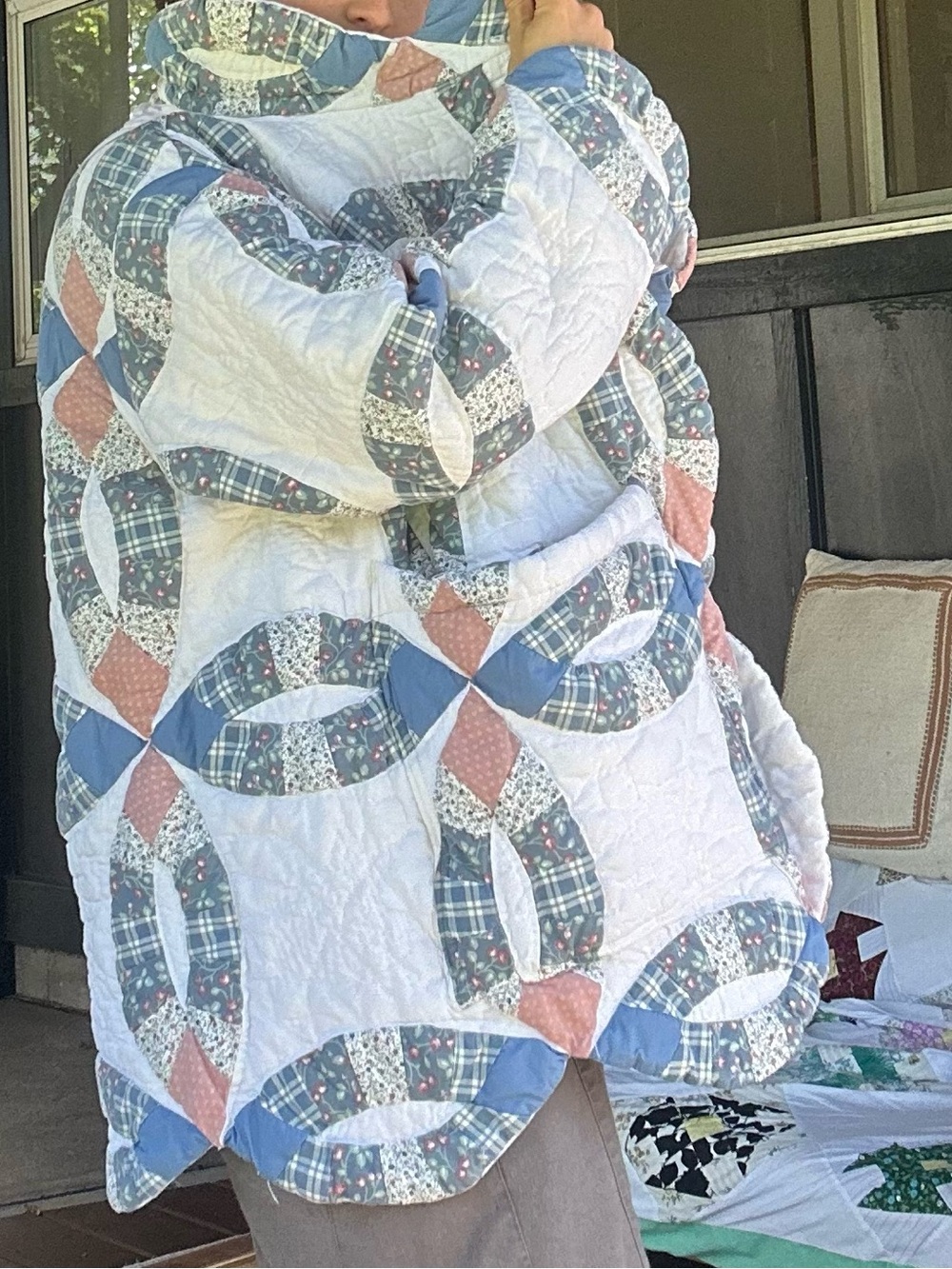 Vintage Quilt Quilted Patchwork Jacket Coat with pockets in Double Ring Pattern - Picture 8 of 8